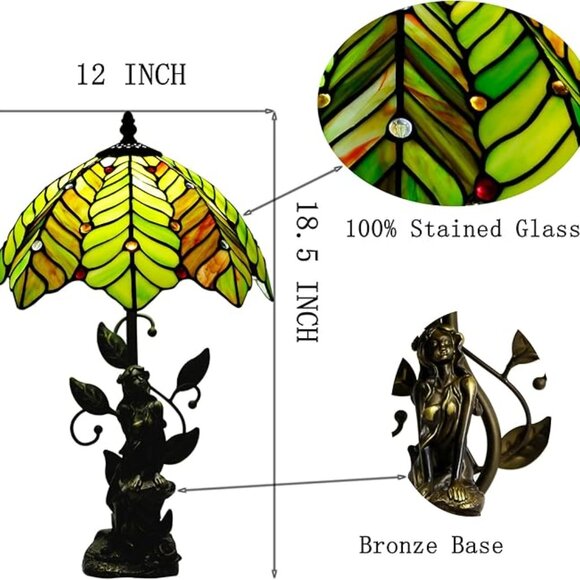 Tiffany Style Table Lamp Stained Glass Lamp Sculpture Green Amber Coconut Tree - Picture 4 of 5